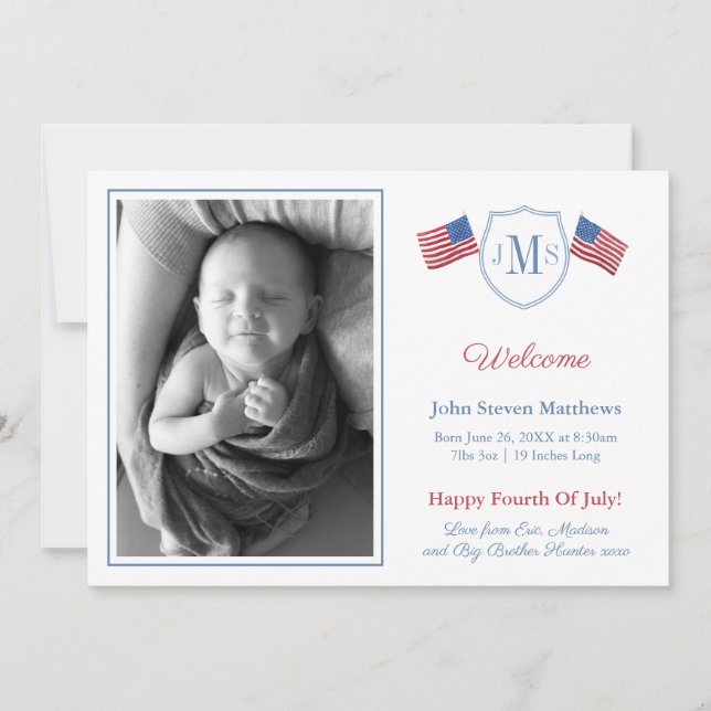 Classic Red White Monogram Baby Boy Birth Ankündigung (Vorderseite)