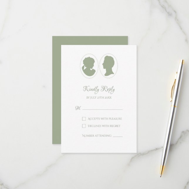Classic Regency Green Cameo Wedding RSVP Karte (Vorderseite/Rückseite Beispiel)