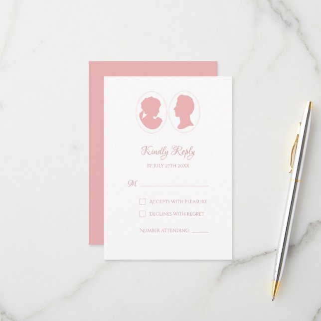 Classic Regency Pink Cameo Wedding RSVP Karte (Vorderseite/Rückseite Beispiel)