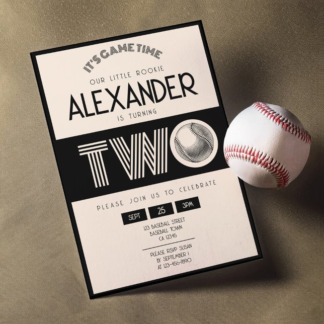 Classic Retro Black Baseball 2. Geburtstag Einladung (Von Creator hochgeladen)