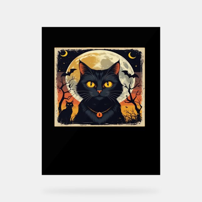 Classic Retro Black Cat Halloween T - Shirt Classi Acrylschild (Vorderseite)