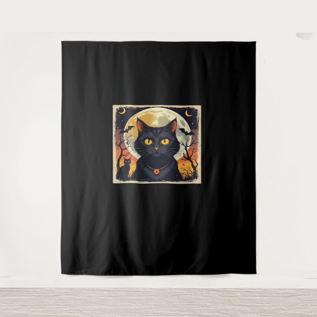 Classic Retro Black Cat Halloween T - Shirt Classi Wandteppich (Vorderseite)