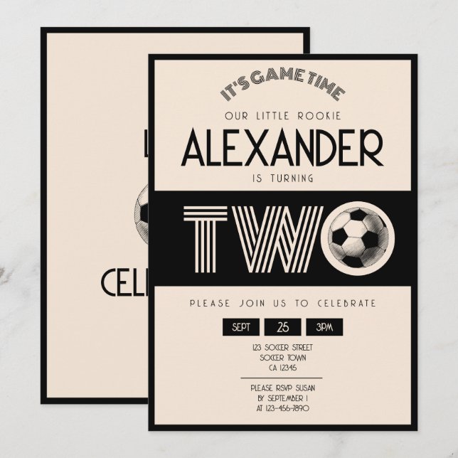 Classic Retro Black Soccer 2. Geburtstag Einladung (Vorne/Hinten)