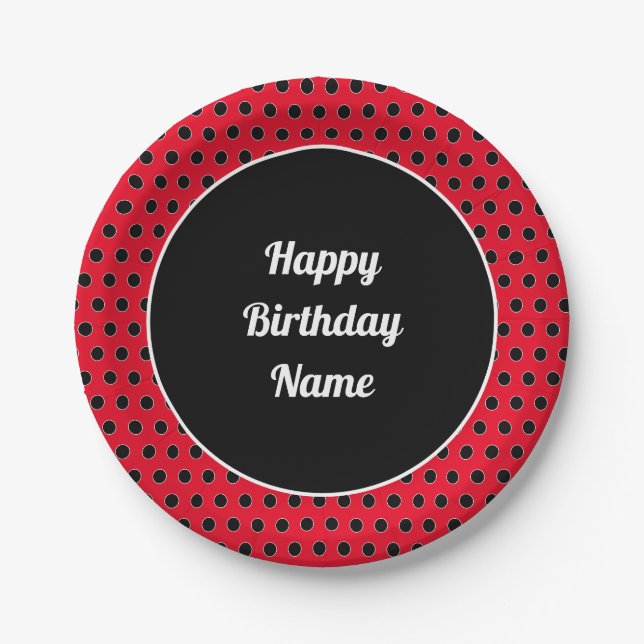 Classic Retro Custom Happy Birthday Polka Dot Red Pappteller (Vorderseite)