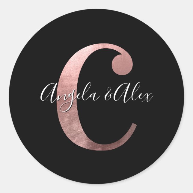 Classic Rose Gold Foil Wedding Monogram C Black Runder Aufkleber (Vorderseite)