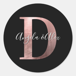 Classic Rose Gold Foil Wedding Monogram D Black Runder Aufkleber