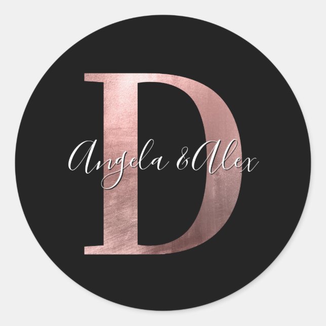 Classic Rose Gold Foil Wedding Monogram D Black Runder Aufkleber (Vorderseite)