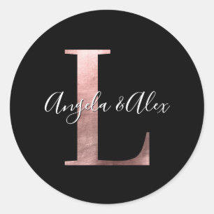Classic Rose Gold Foil Wedding Monogram L Black Runder Aufkleber