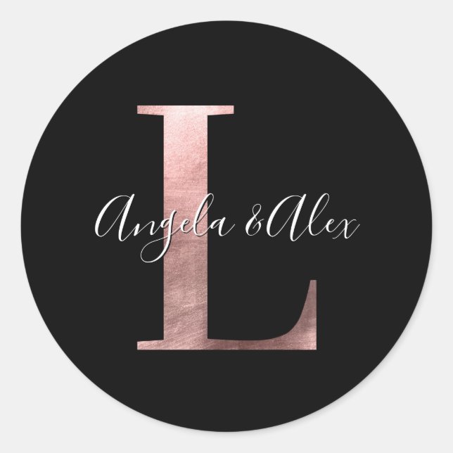 Classic Rose Gold Foil Wedding Monogram L Black Runder Aufkleber (Vorderseite)