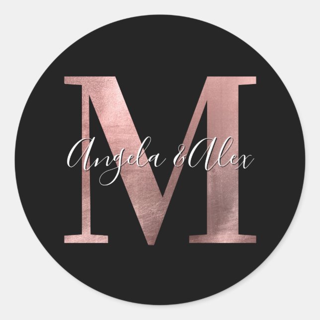 Classic Rose Gold Foil Wedding Monogram M Black Runder Aufkleber (Vorderseite)
