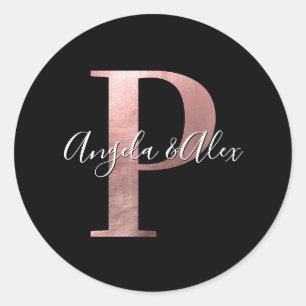 Classic Rose Gold Foil Wedding Monogram P Black Runder Aufkleber