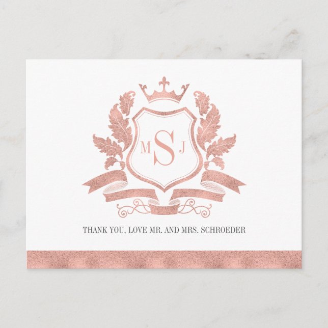 Classic Rose Gold Wappen Hochzeit Vielen Dank Post Postkarte (Vorderseite)