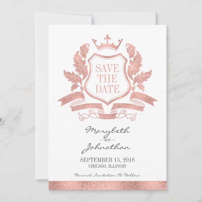 Classic Rose Gold Wappen Save the Date Card (Vorderseite)