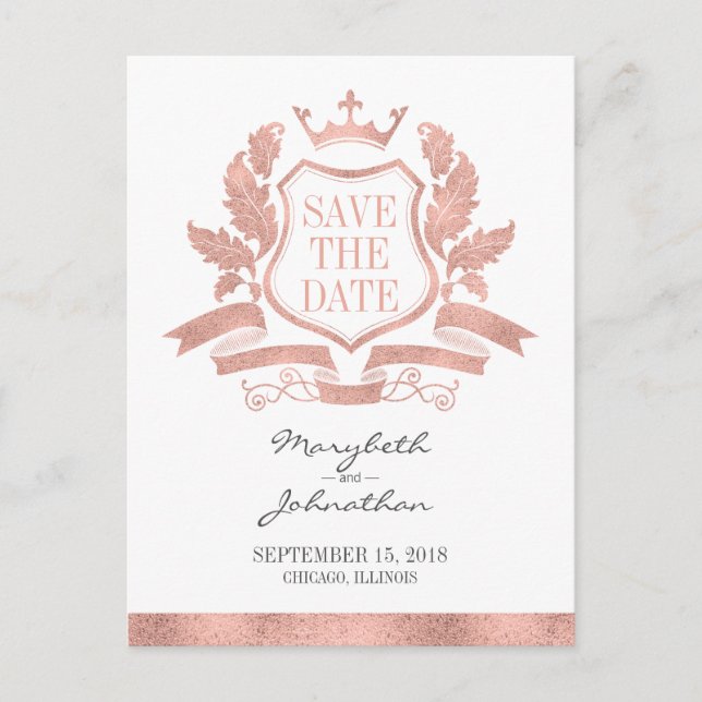 Classic Rose Gold Wappen Save the Date Postkarte (Vorderseite)