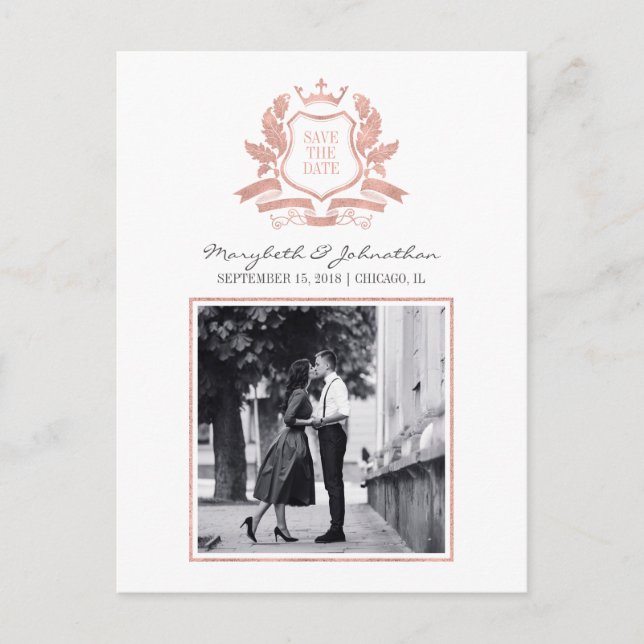Classic Rose Gold Wappen Save the Date Postkarte (Vorderseite)