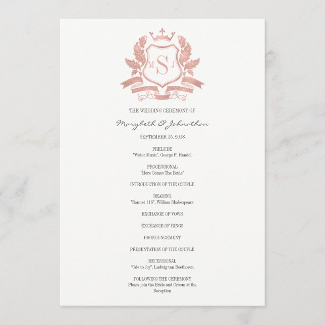 Classic Rose Gold Wappen Wedding Program Programm (Vorderseite)