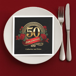 Classic Rote Rosen & Gold 50 Jahre Hochzeit Serviette