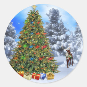 Classic Round Christmas Sticker/Weihnachtsbaum Runder Aufkleber
