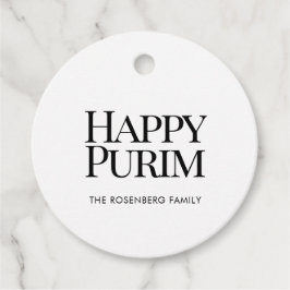 Classic Round Family Name Happy Purim Favor Tags Geschenkanhänger