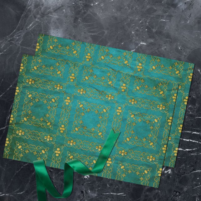 Classic Royal Gold Damask Brocade auf Aquamarin Seidenpapier (Von Creator hochgeladen)