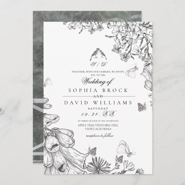 Classic Rustic Black White Floral Wedding  Einladung (Vorne/Hinten)