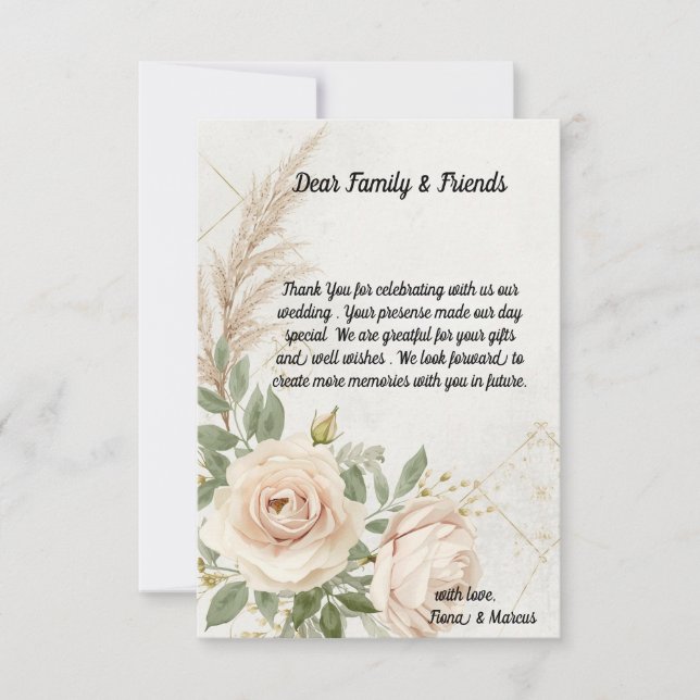 Classic Rustic Boho Rose Hochzeit Dankeskarte (Vorderseite)