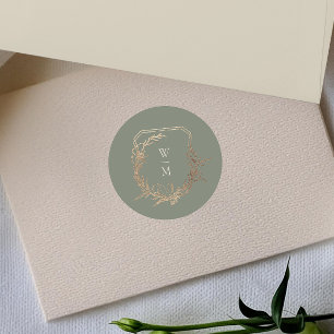 Classic Sage & Cream Monogram Gold Wappen Wedding Runder Aufkleber