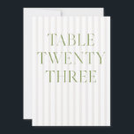 Classic Sage Green & Beige Wedding 23 Tischnummern<br><div class="desc">Diese elegante Tischnummer besticht durch einen zarten, beige gestreiften Hintergrund mit raffinierter, von Weiß grüner Serifentypografie und subtilen Schriftzeichen geprägten Akzenten. Entworfen für Gartenhochzeiten, raffinierte Empfänge und zeitlose Feiern im Freien. Koordiniert mit der "Iris" Wedding Invitation Collection — klicken Sie auf den Link Sammlung auf dieser Seite, um passende Artikel...</div>