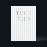 Classic Sage Green & Blue Wedding Tischnummer<br><div class="desc">Diese elegante Tischnummer besticht durch einen weichen, blau gestreiften Hintergrund mit raffinierter, von Weiß grüner Serifentypografie und subtilen Schriftzeichen geprägten Akzenten. Entworfen für Gartenhochzeiten, raffinierte Empfänge und zeitlose Feiern im Freien. Koordiniert mit der "Iris" Wedding Invitation Collection — klicken Sie auf den Link Sammlung auf dieser Seite, um passende Artikel...</div>