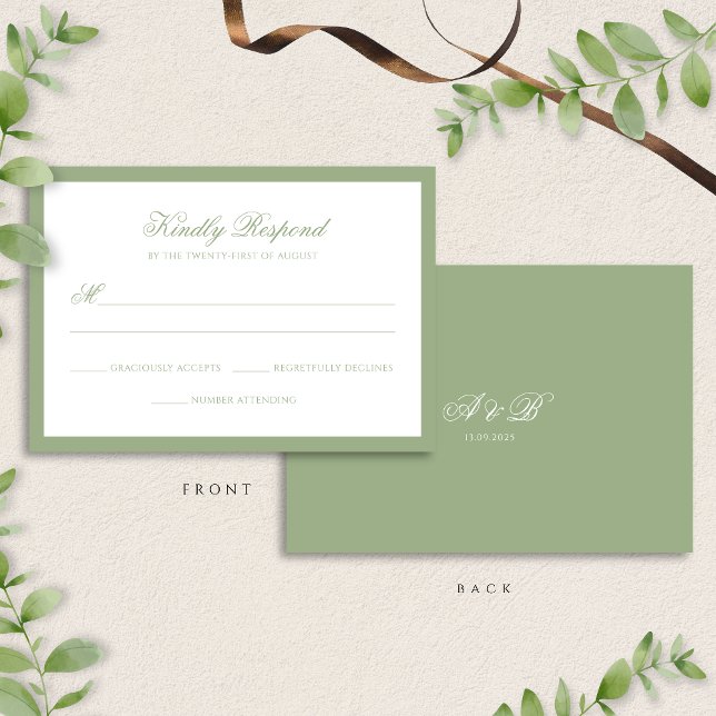 Classic Sage Green Border Monogram Script Wedding RSVP Karte (Von Creator hochgeladen)