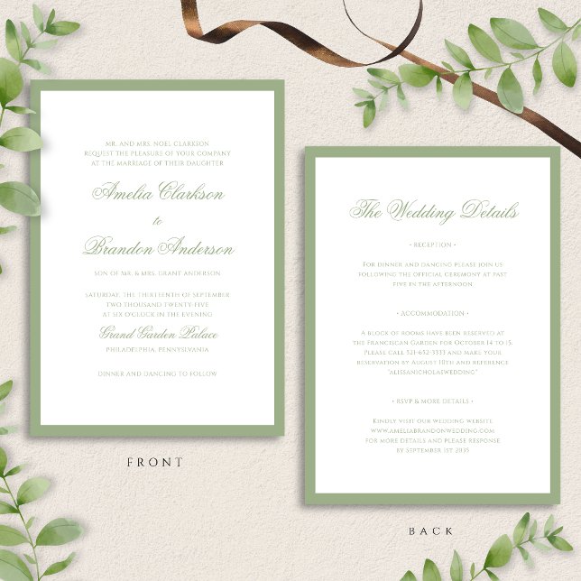 Classic Sage Green Border Script Wedding Details & Einladung (Von Creator hochgeladen)