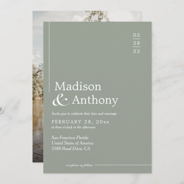 Classic Sage Green Budget Script Foto Hochzeit Einladung (Vorne/Hinten)