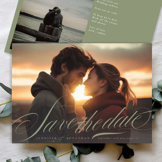 Classic Sage Green Calligrafy QR Code Two Foto Save The Date (Von Creator hochgeladen)