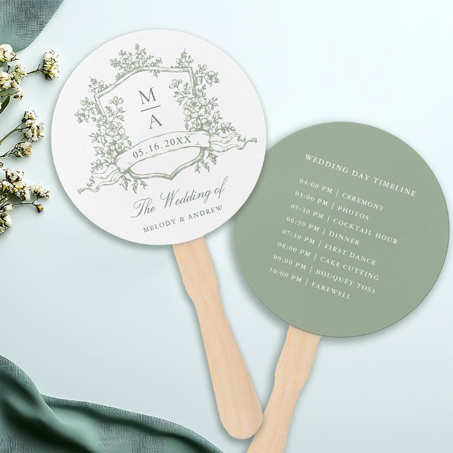 Classic Sage Green Crest Wedding Ceremony Timeline Fächer (Front & Back)