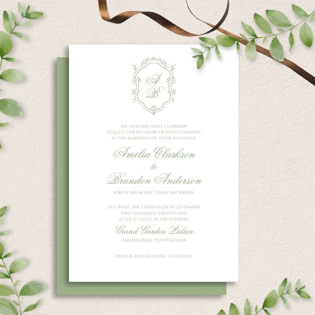 Classic Sage Green Floral Monogram Crest Wedding Einladung (Von Creator hochgeladen)