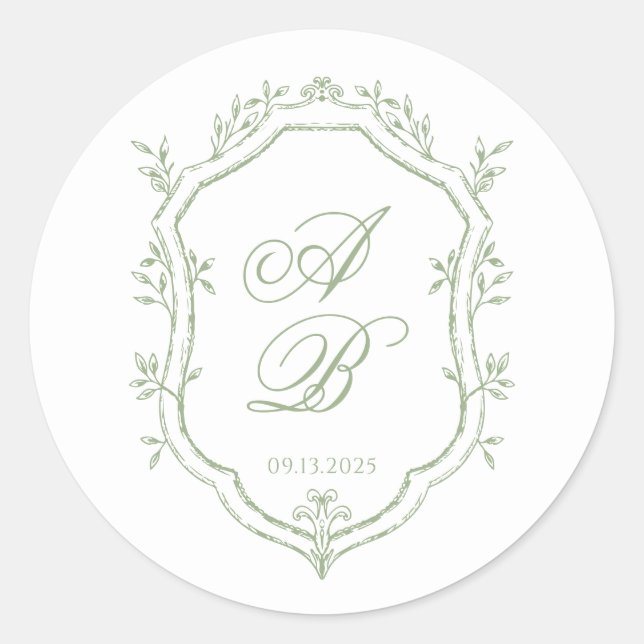 Classic Sage Green Floral Monogram Crest Wedding Runder Aufkleber (Vorderseite)