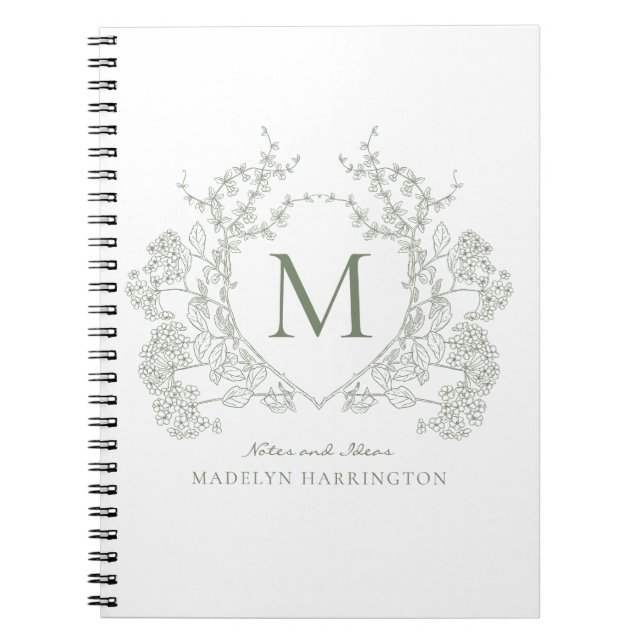 Classic Sage Green Floral Wappen Monogram Notebook Notizblock (Vorderseite)