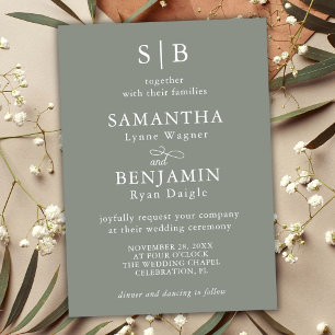 Classic Sage Green Monogram Initials Wedding Einladung