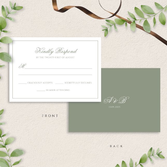 Classic Sage Green Monogram Script Border Wedding RSVP Karte (Von Creator hochgeladen)