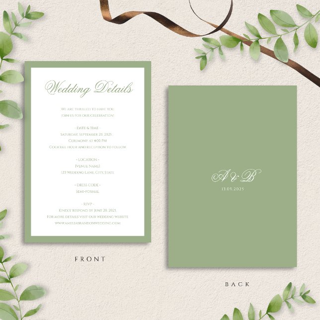 Classic Sage Green Monogram Script Wedding Details Begleitkarte (Von Creator hochgeladen)