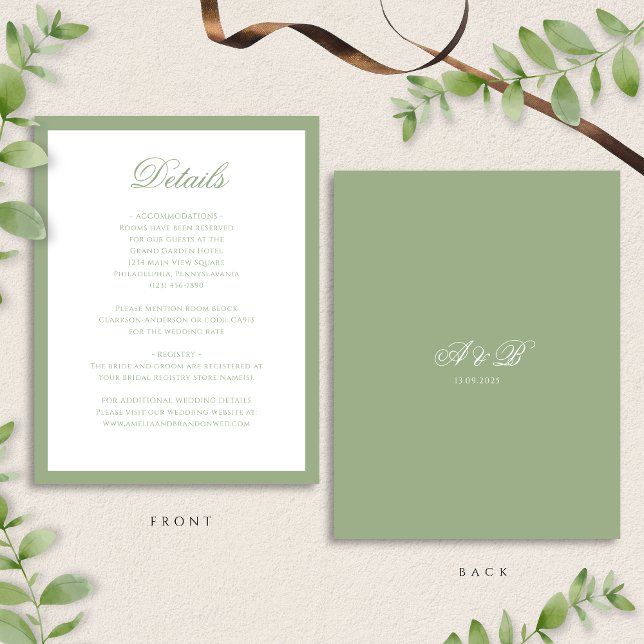 Classic Sage Green Monogram Script Wedding Details Begleitkarte (Von Creator hochgeladen)