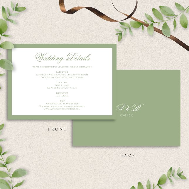 Classic Sage Green Monogram Script Wedding Details Begleitkarte (Von Creator hochgeladen)