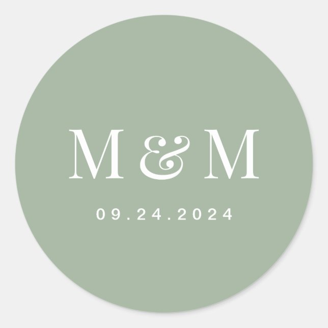 Classic Sage Green Monogram Typography Wedding Runder Aufkleber (Vorderseite)