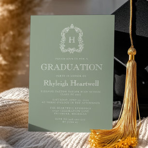 Classic Sage Green Monogram Wappen Graduation Part Einladung