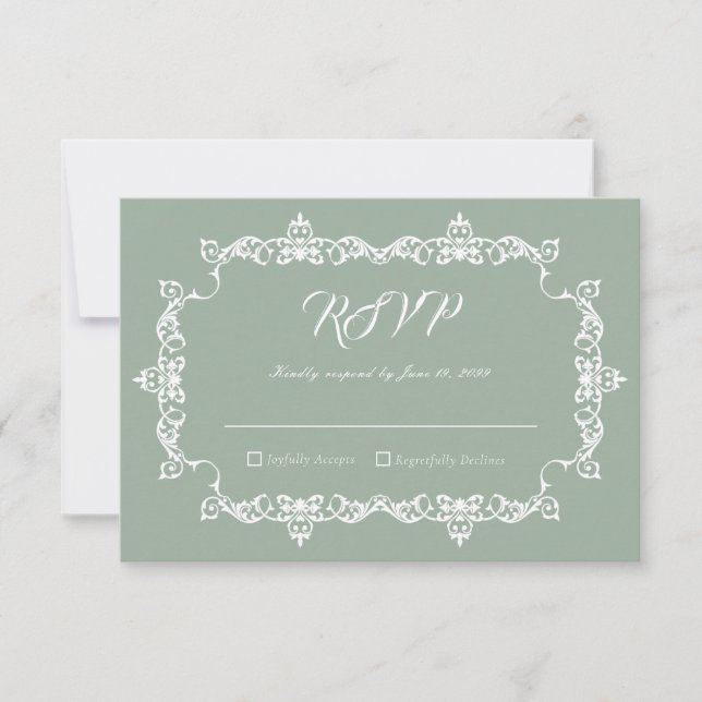 Classic Sage Green Ornately Framed Wedding RSVP Karte (Vorderseite)