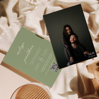 Classic Sage Green Photo Monogram QR Code Wedding Einladung