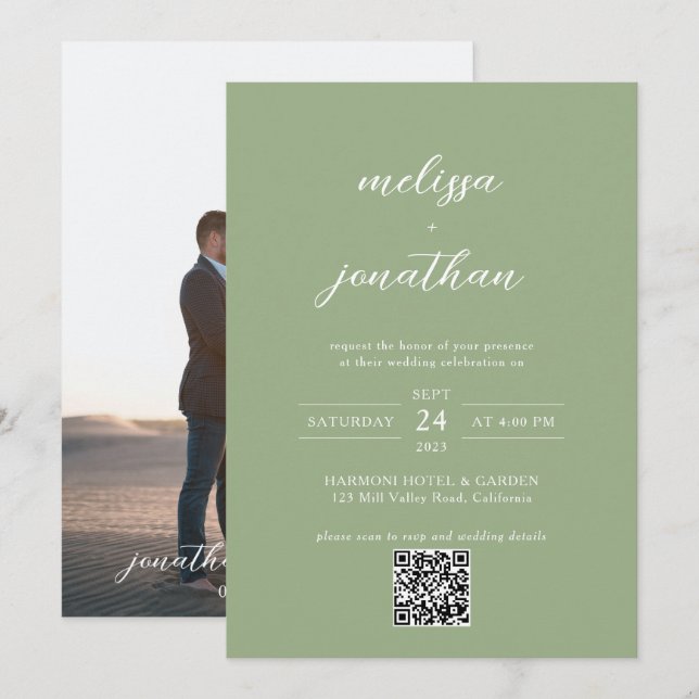Classic Sage Green Photo Script QR Code Wedding Einladung (Vorne/Hinten)