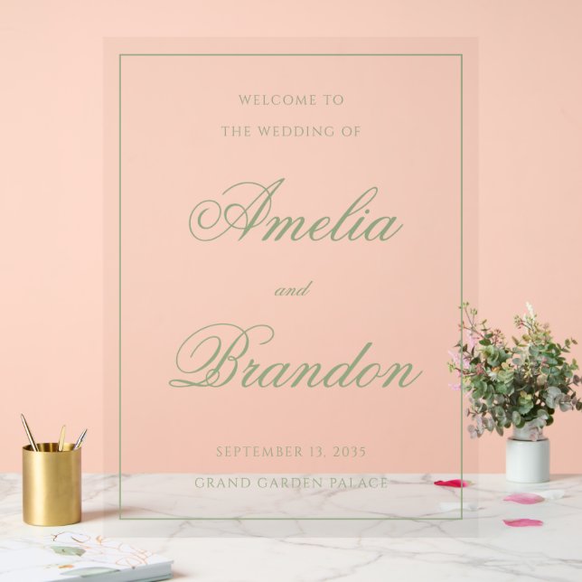 Classic Sage Green Script & Border Wedding Welcome Acrylschild (Hochzeit)