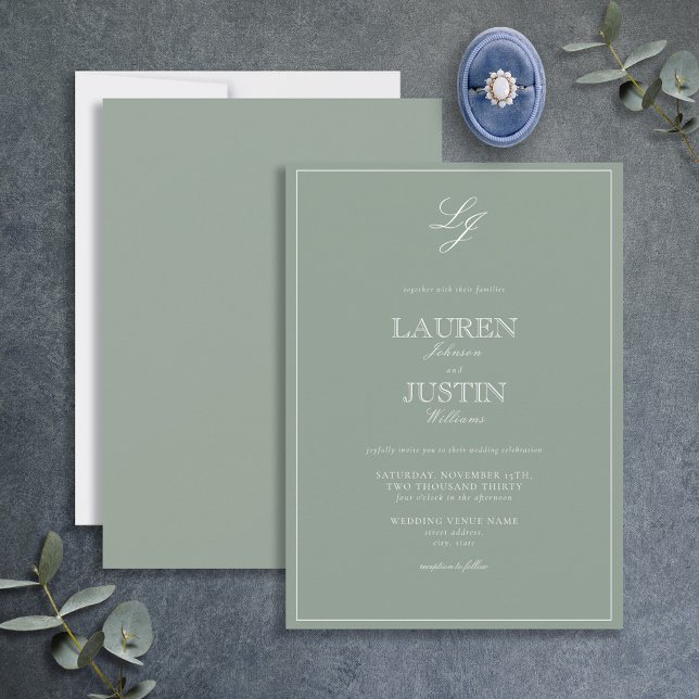 Classic Sage Green Script Monogram Wedding Einladung (Von Creator hochgeladen)