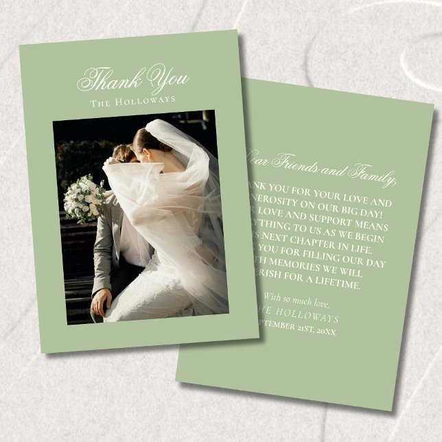 Classic Sage Green Wedding Photo Thank You Card Dankeskarte (Classic Sage Green Wedding Photo Thank You Card)